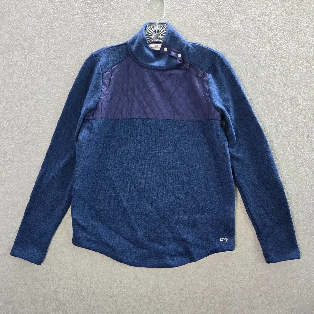 Vineyard Vines Women Sweater XS Blue Quilted Snap Long Sleeve Mock‎ Neck